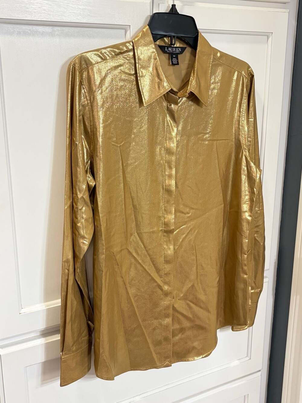 Lauren Ralph Lauren Gold Metallic Button Down Shirt Women’s M Holiday Party